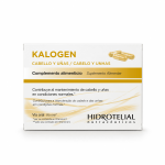 Envase frontal de Kalogen complemento alimenticio para cabello y uñas, 30 cápsulas