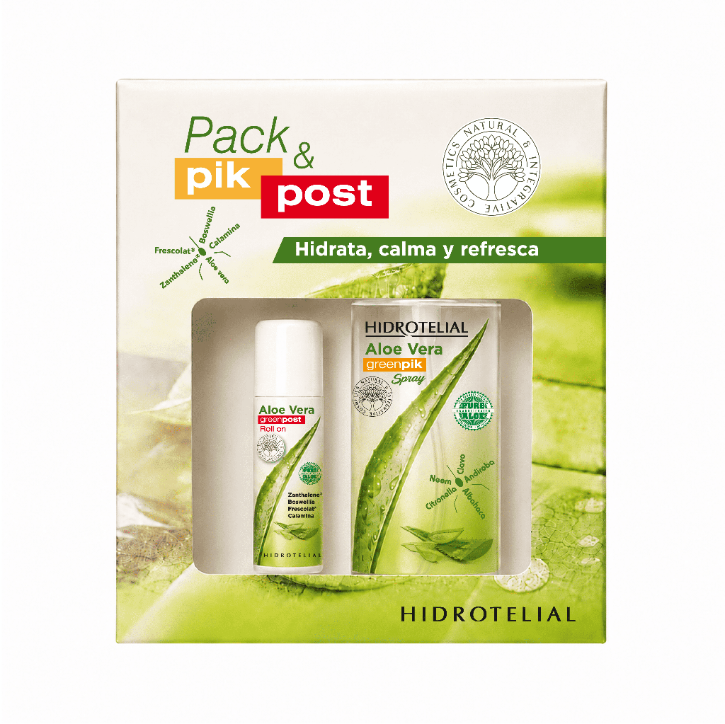 Pack GreenPik Spray 200 ml y GreenPost Roll-On 14 ml para el cuidado de la piel antes y después de las picaduras.