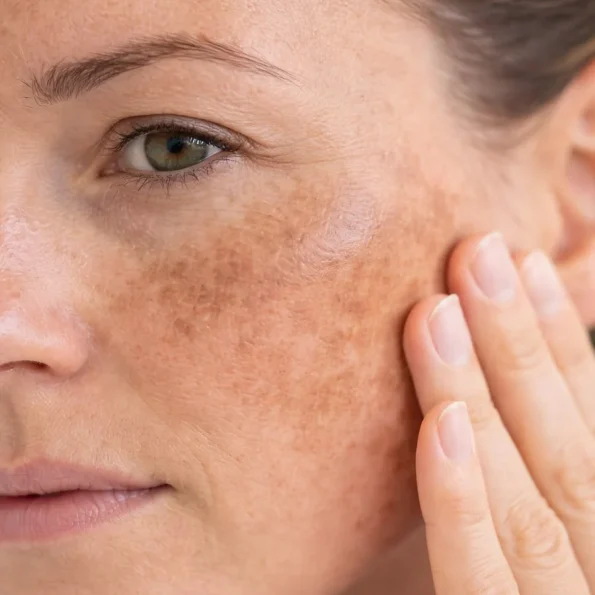 Primer plano de mujer con manchas faciales e hiperpigmentación en la mejilla
